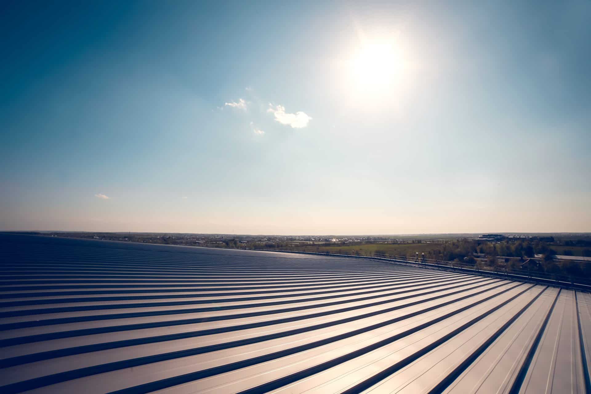 Metal roof panels on a large commercial building