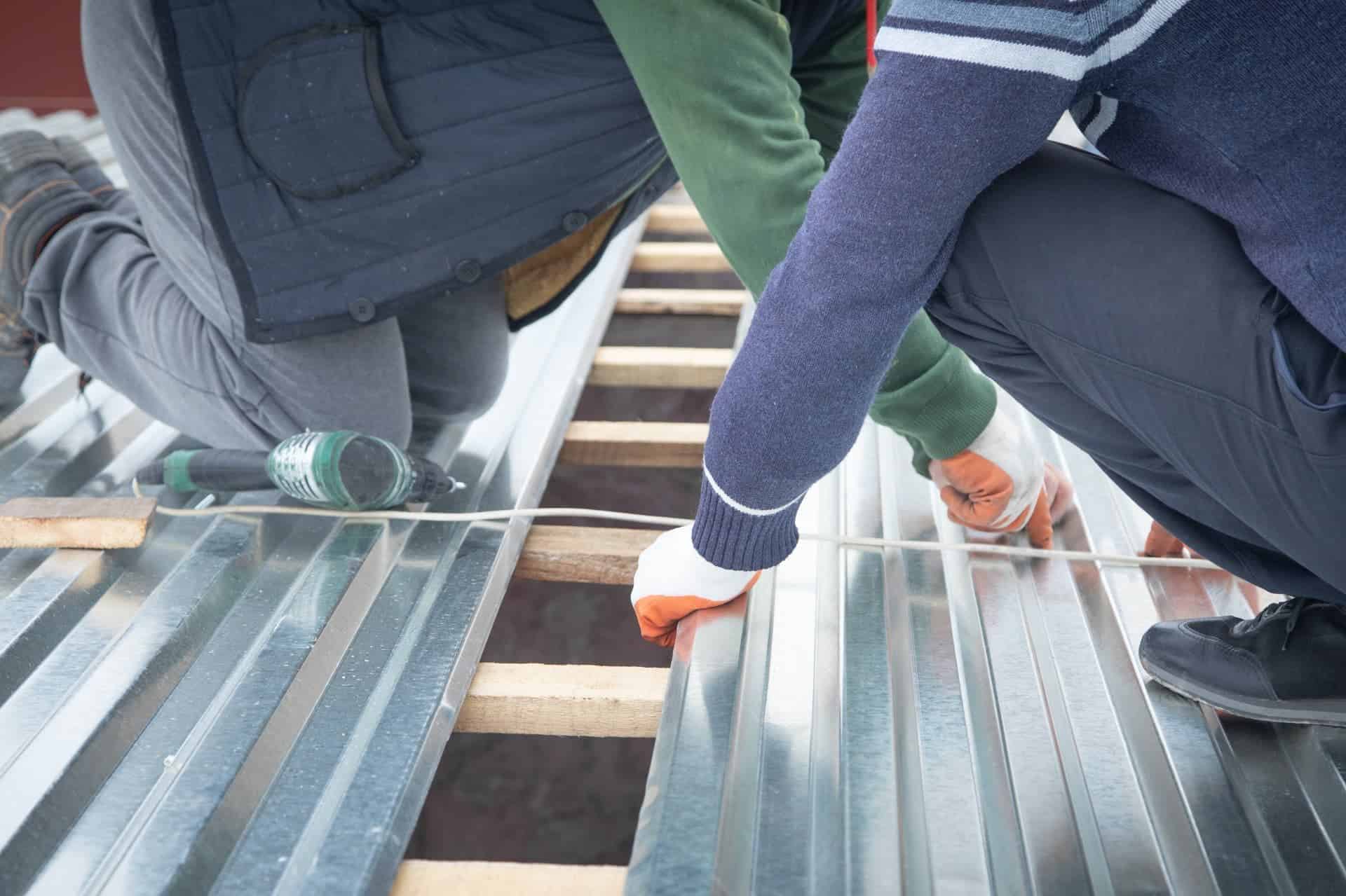 Roofers fastening new metal roofing panels