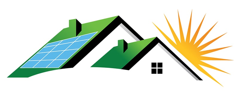 Roof with solar panels installed on a residential home under bright sunlight.