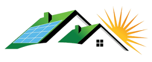 Illustration of rooftops, one with solar panels, with a sun rising in the background, symbolizing solar energy for homes.