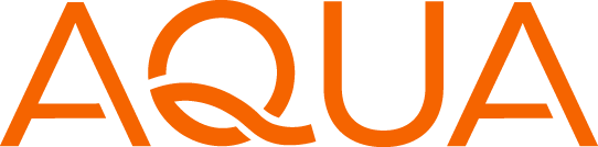 The word AQUA is written in bold, orange, uppercase letters with a stylized curved line forming the crossbar of the letter Q.