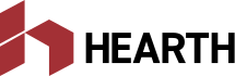 Hearth logo with a red geometric design on the left and the word HEARTH in black capital letters on the right.