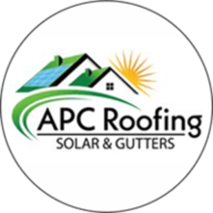 Logo for APC Roofing Solar & Gutters featuring stylized house roofs, a solar panel, sun, and green swoosh, with the company name and tagline below.