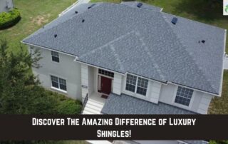 Aerial view of a newly installed asphalt shingle roof on a luxury residential house.