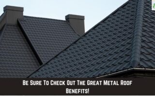 Metal roof with storm damage and inspection crew on site.