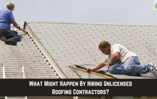 Roofers working on a residential roof, installing shingles with safety gear.