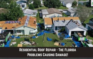 Roofers inspecting and repairing storm-damaged roofs on suburban houses.