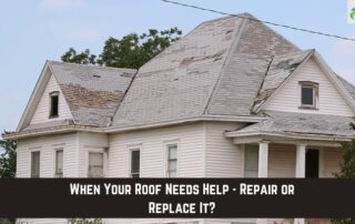 Damaged roof with missing shingles and storm damage on a residential house.