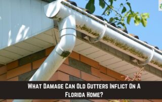 Gutter system showing damage from storm in Florida, with visible debris and corrosion.