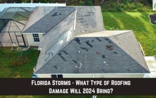 Aerial view of residential roof with storm damage and missing shingles.
