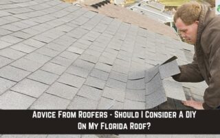 Roofer inspecting asphalt shingles on a residential roof in Florida.