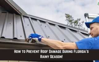 Roofer inspecting metal roof for storm damage during rainy season.