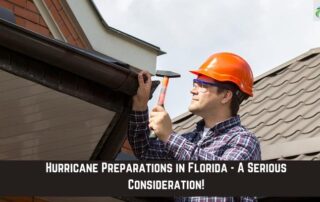 Roofer inspecting gutter and roof edge with hammer and safety helmet.