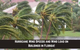 Windy hurricane storm damaging palm trees and roofs in Florida.