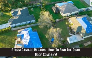 Storm damage roof repair crew inspecting a residential roof after a storm.