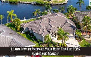 Aerial view of a residential home with a new roof, surrounded by palm trees and water, highlighting.