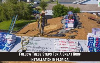 Roofers installing new shingles on a residential roof with storm damage repair underway.