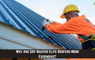 Roofers installing a metal roof on a residential building with a power drill.