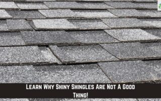 Damaged asphalt roof shingles with weathering and granule loss.