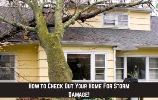 Roof inspection for storm damage on a yellow house with large trees.
