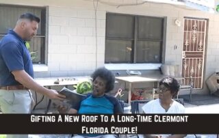 Roofers discussing roofing options with homeowners outdoors.