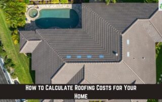 Aerial view of a residential roof with new shingles and a backyard pool.