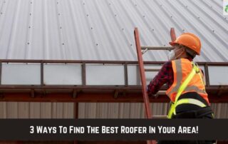 Roofers inspecting metal roof for storm damage with safety gear and tools.