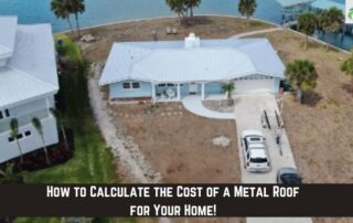 Aerial view of a house with a new metal roof, showing the installation process and yard.