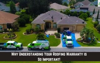 Roofers inspecting a residential roof for storm damage and repairs.