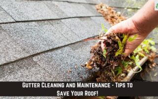 Hand removing debris from gutter on roof to prevent damage and ensure proper drainage.