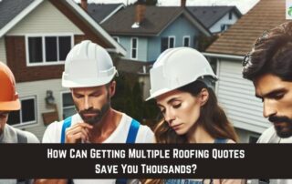 Roofers inspecting a residential roof for storm damage.