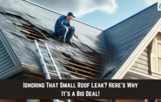 A roofer inspecting storm damage and leaks on a residential roof.