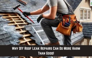Roof leak repair on residential roof with roofing tools and crew.