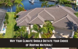 Aerial view of a residential home with a new, durable roof installed, surrounded by lush landscaping.