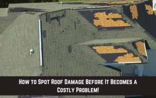 Storm damage to residential roof with missing shingles and water intrusion.