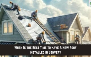 Roofing crew working on a residential roof installation with safety gear and tools.