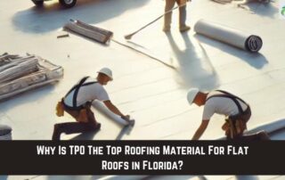 Roofers installing flat roofing membrane on a commercial building.