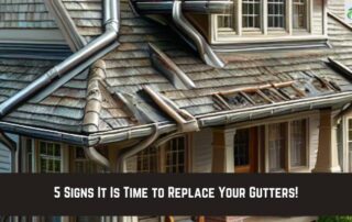 Warning sign about gutter replacement on residential roof.