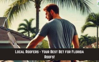 A roofer inspecting a residential roof with palm trees in the background.