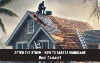 Roofers inspecting storm-damaged roof during hurricane aftermath.