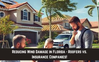Roofers inspecting storm damage on residential home in Florida.