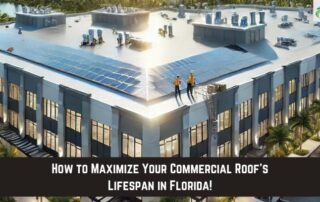 Roofers inspecting a flat commercial roof with solar panels and HVAC units.