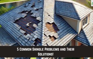 Storm-damaged roof with missing shingles and visible damage from recent weather event.