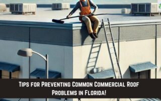 Roofing technician inspecting a commercial roof for damage or leaks on a flat roof.