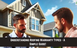 Two roofers discussing roofing warranty options in front of a residential home.