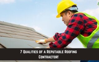 Roofing professional in safety gear inspecting roof shingles for damage.