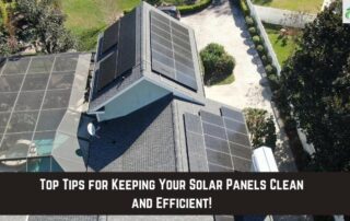 Aerial view of solar panels on residential roof with maintenance banner.