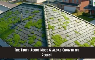 Moss and algae covering roof tiles due to moisture and lack of maintenance.