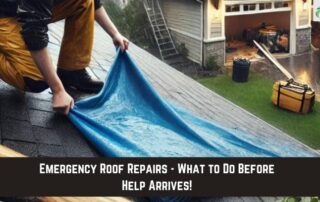 Roofers installing or inspecting a roof during storm damage repair.