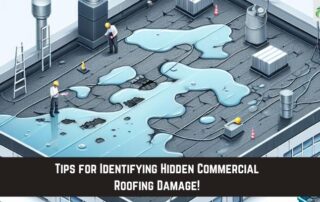 Storm damage to commercial roof with pooled water and leaks.